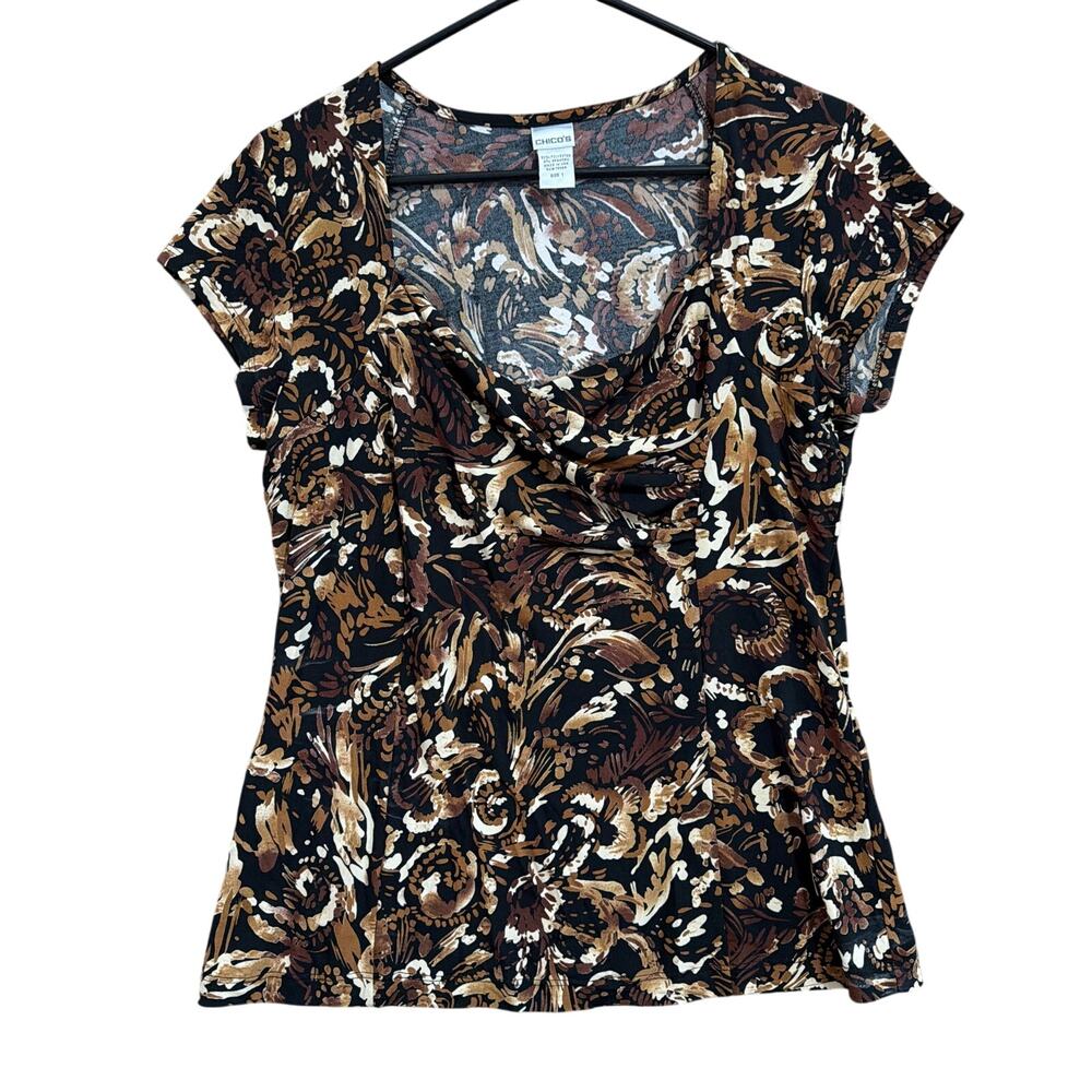 Chicos Womens Blouse Black Brown Cream Scoop Sweetheart Short Sleeve 1